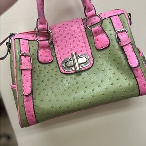 Beautiful faux leather Pink and green  purse great condition